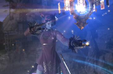a blue miqo'te in a purple dress looks down, eyes closed, as a glowing astrolabe spins between her hands