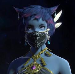a blue miqo'te with a black patterned face mask, looking directly at the camera