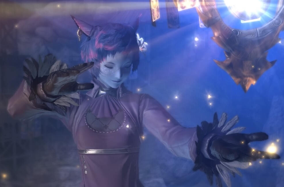 a blue miqo'te with short blue hair with pink highlights looks down, eyes closed, as a glowing astrolabe spins between her hands